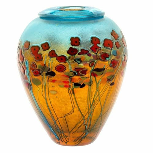 California Poppy blue and orange round tall ginger pot with poppies