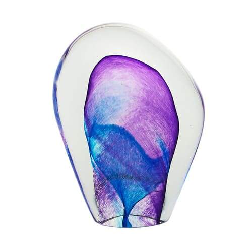 Uneven circular transparent glass piece with flat bottom and purple blue swirls visible inside